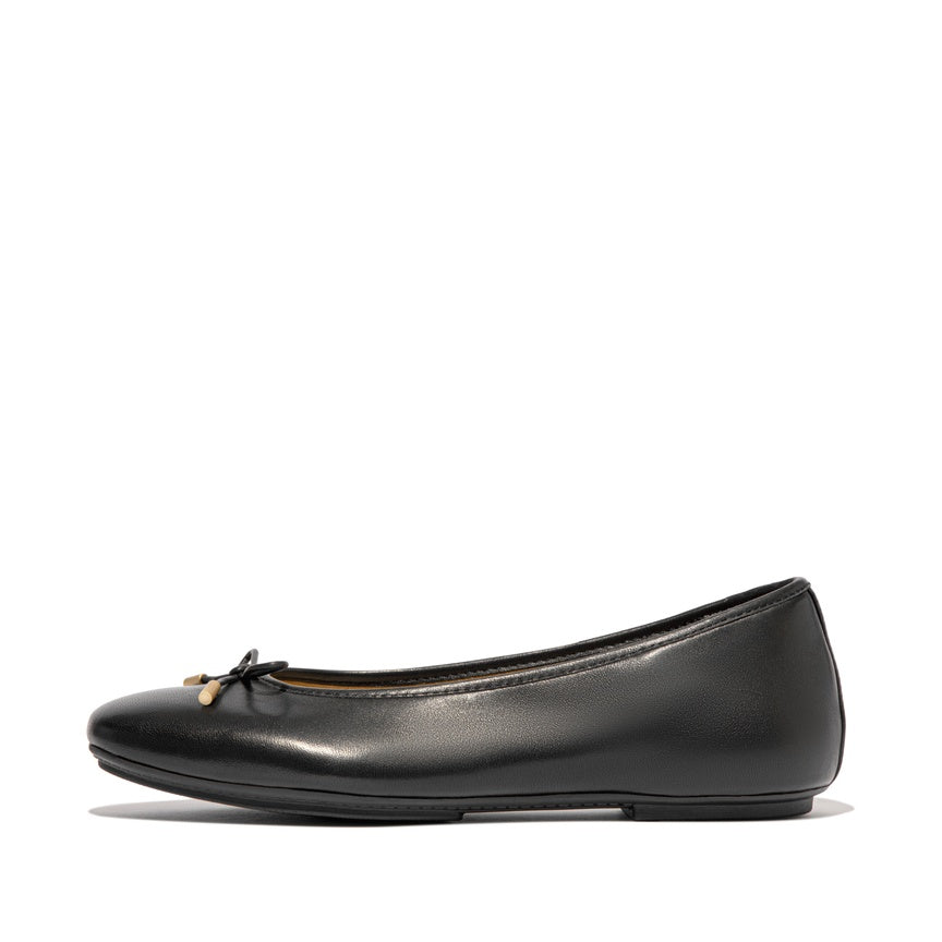 FITFLOP DYNAMICUSH DELICATO BOW SOFT LEATHER BALLET FLATS HX8-001 BLACK
