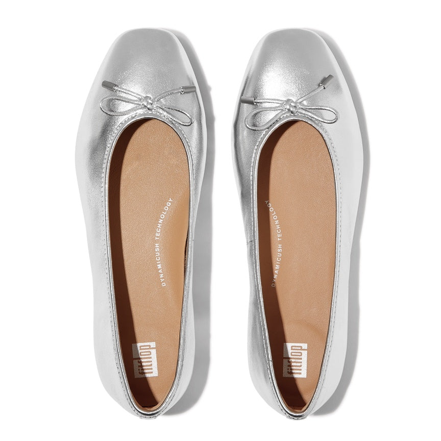 FITFLOP DYNAMICUSH DELICATO BOW SOFT METALLIC-LEATHER BALLET FLATS IH2-011 SILVER
