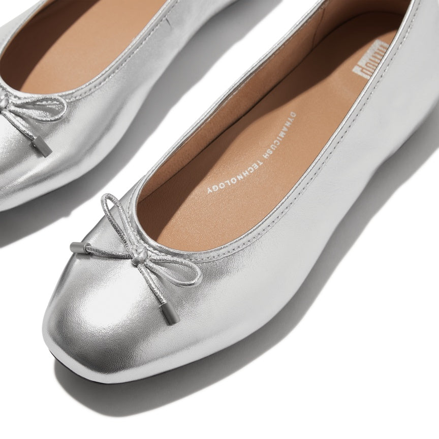FITFLOP DYNAMICUSH DELICATO BOW SOFT METALLIC-LEATHER BALLET FLATS IH2-011 SILVER