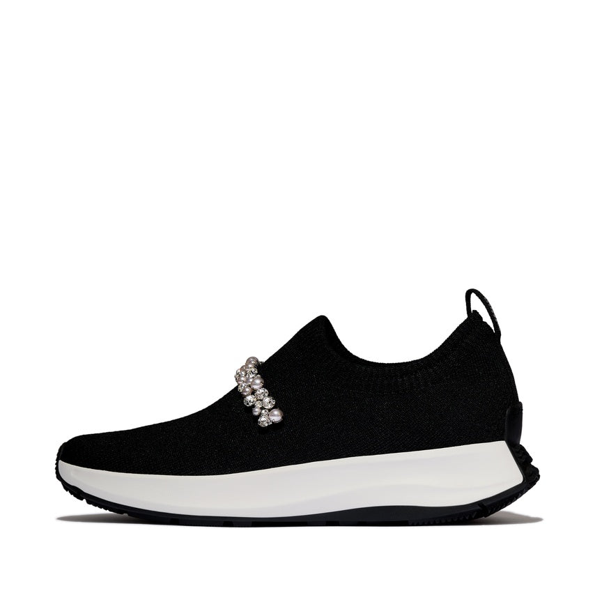 FITFLOP F-MODE FLOW PEARLS & CRYSTAL KNIT SLIP-ON SNEAKERS A1C-001 BLACK