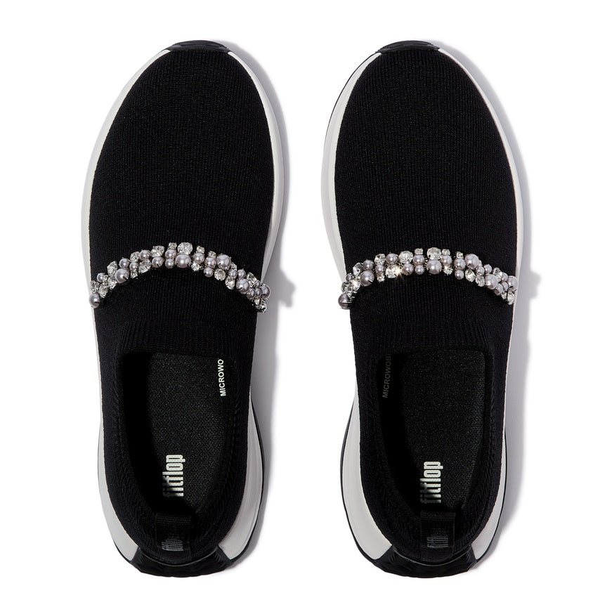 FITFLOP F-MODE FLOW PEARLS & CRYSTAL KNIT SLIP-ON SNEAKERS A1C-001 BLACK