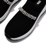 FITFLOP F-MODE FLOW PEARLS & CRYSTAL KNIT SLIP-ON SNEAKERS A1C-001 BLACK
