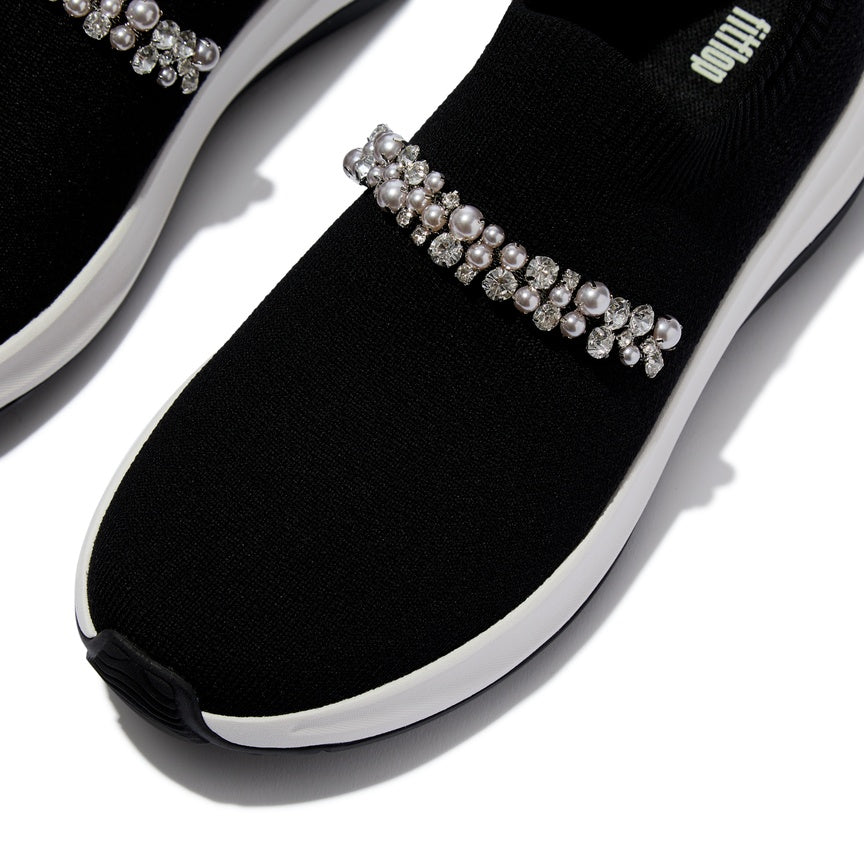 FITFLOP F-MODE FLOW PEARLS & CRYSTAL KNIT SLIP-ON SNEAKERS A1C-001 BLACK