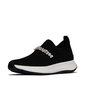 FITFLOP F-MODE FLOW PEARLS & CRYSTAL KNIT SLIP-ON SNEAKERS A1C-001 BLACK