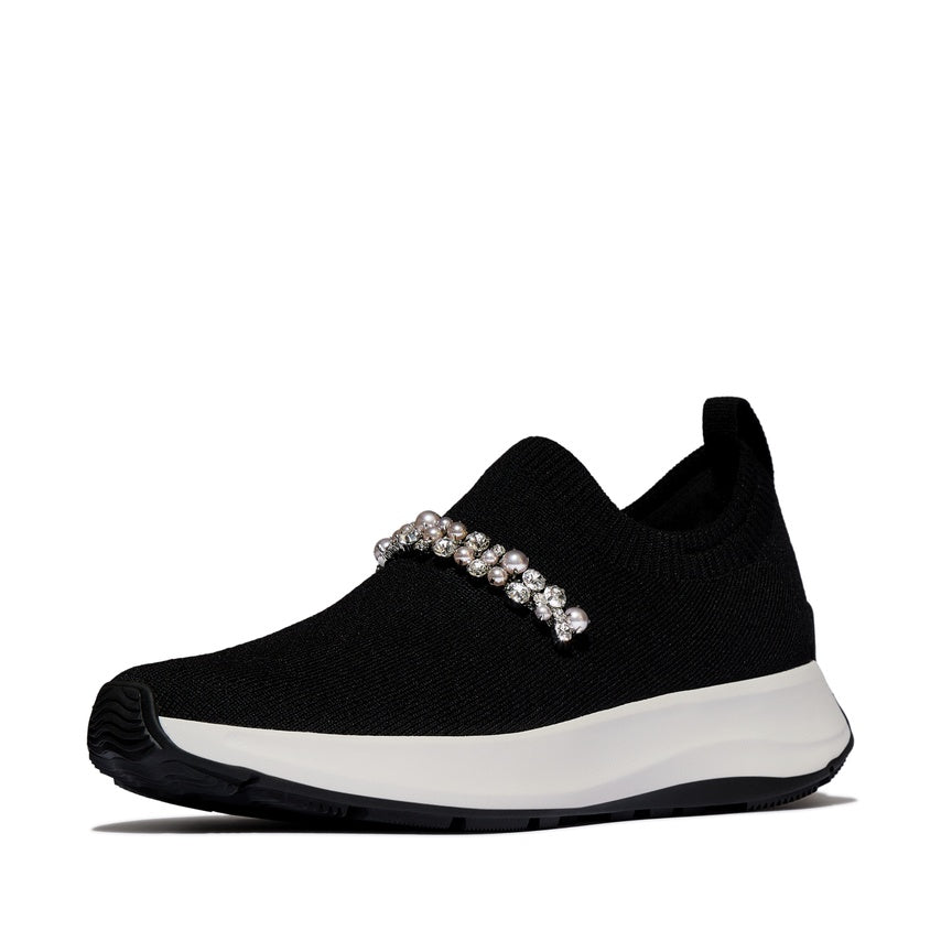 FITFLOP F-MODE FLOW PEARLS & CRYSTAL KNIT SLIP-ON SNEAKERS A1C-001 BLACK