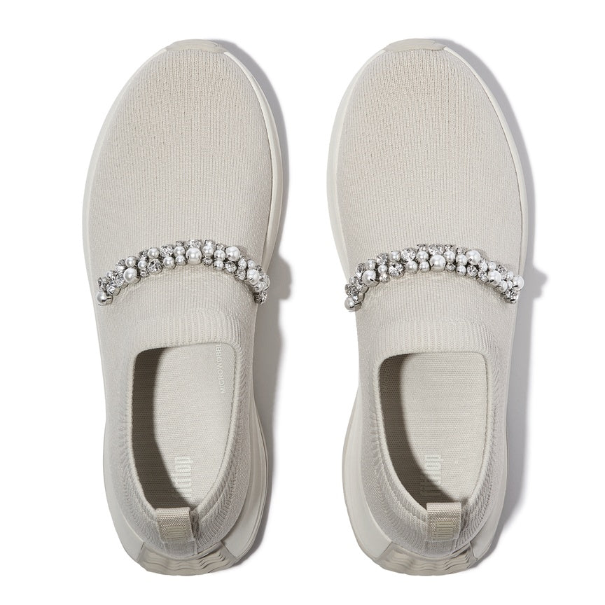 FITFLOP F-MODE FLOW PEARLS-&-CRYSTAL KNIT SLIP-ON SNEAKERS A1C-A99 BEIGE