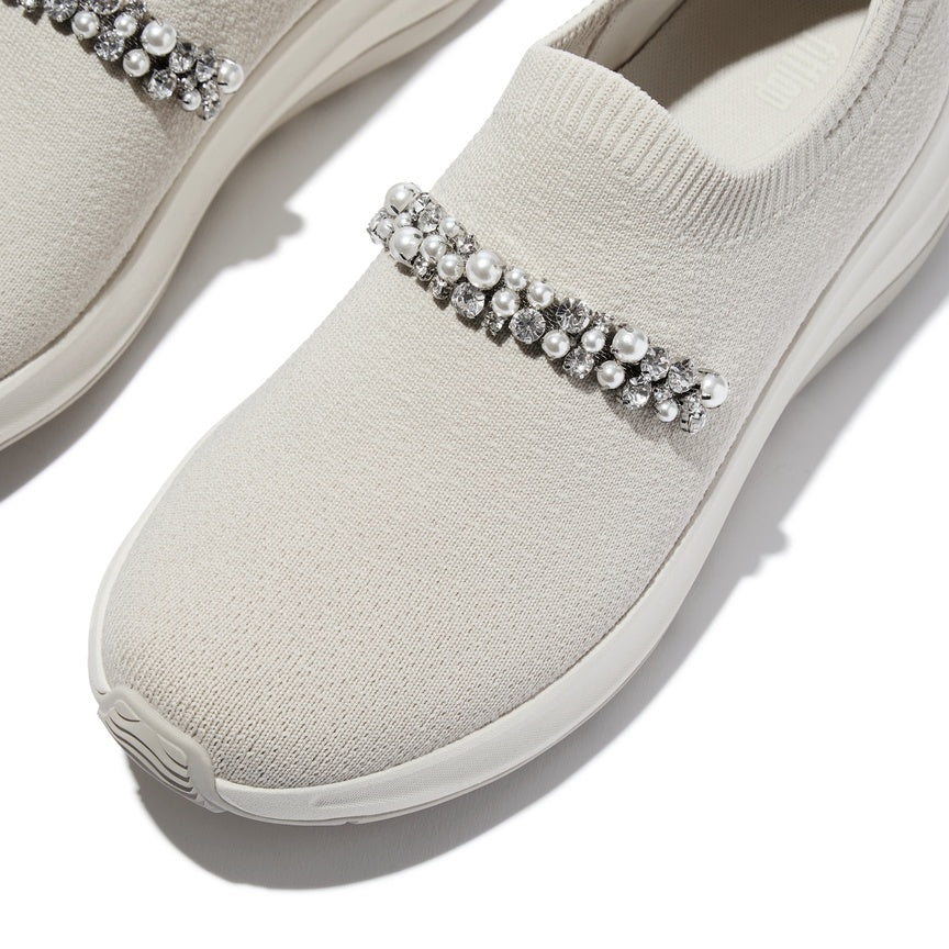 FITFLOP F-MODE FLOW PEARLS-&-CRYSTAL KNIT SLIP-ON SNEAKERS A1C-A99 BEIGE