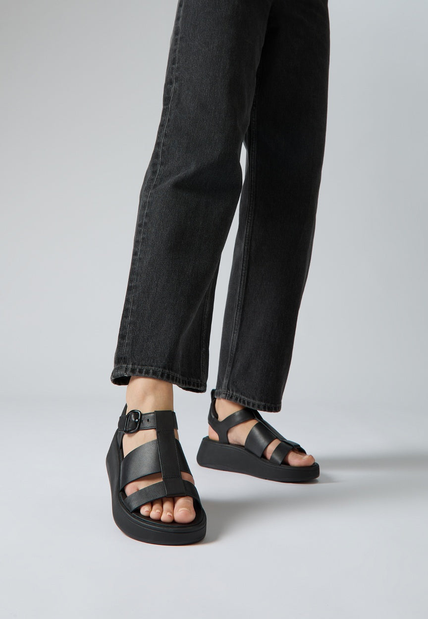 FITFLOP F-MODE LEATHER FLATFORM FISHERMAN SANDALS HV1-001 BLACK