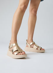 FITFLOP F-MODE METALLIC LEATHER FLATFORM FISHERMAN SANDALS HV2-675 PLATINO