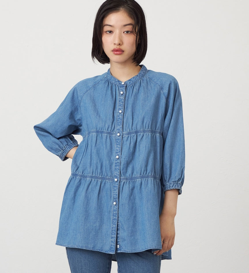 SOMETHING TIERED DENIM SHIRTS ST250-6198 LIGHT BLUE