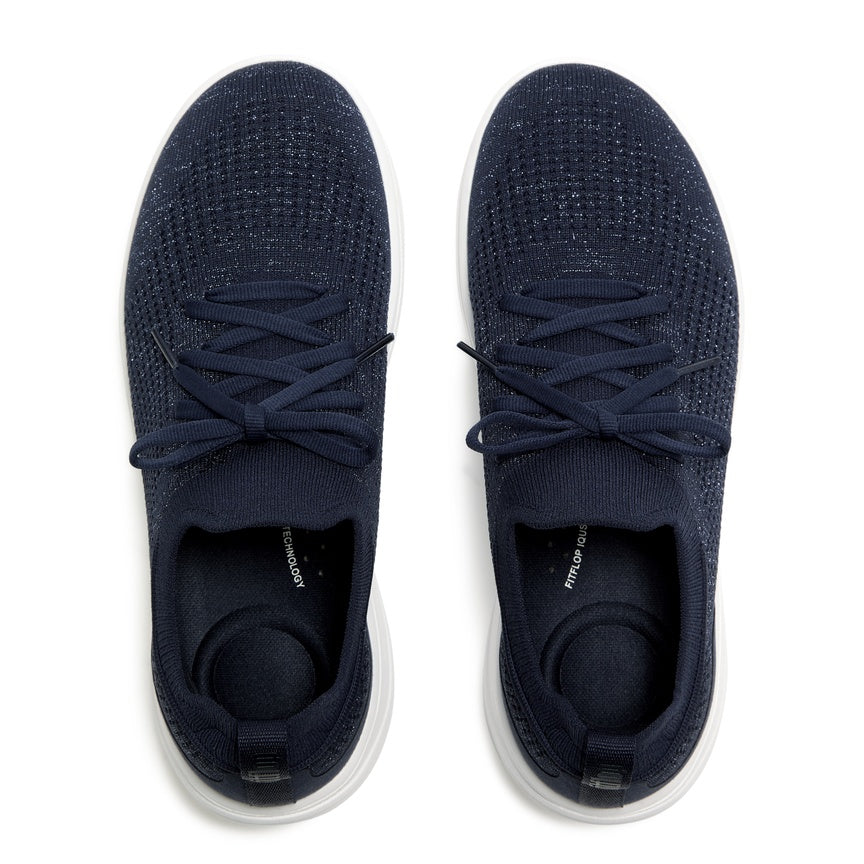FITFLOP IQUSHION SUPER-Q KNIT SLIP-ON LACED SNEAKERS JH9-B84 METALLIC NAVY