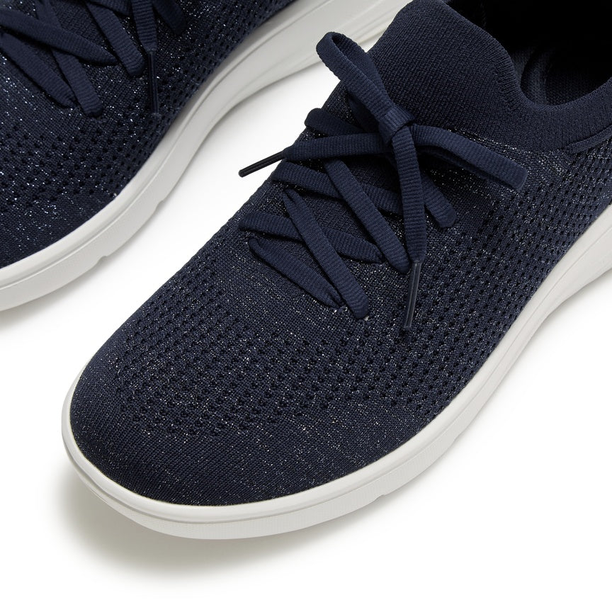 FITFLOP IQUSHION SUPER-Q KNIT SLIP-ON LACED SNEAKERS JH9-B84 METALLIC NAVY