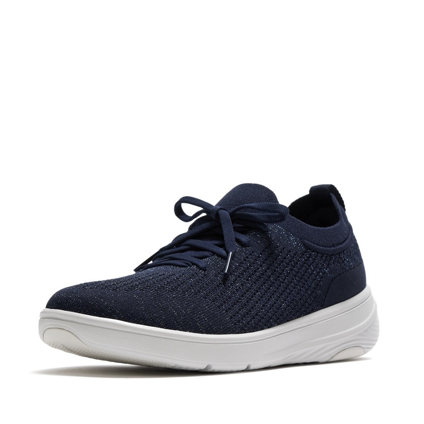 FITFLOP IQUSHION SUPER-Q KNIT SLIP-ON LACED SNEAKERS JH9-B84 METALLIC NAVY